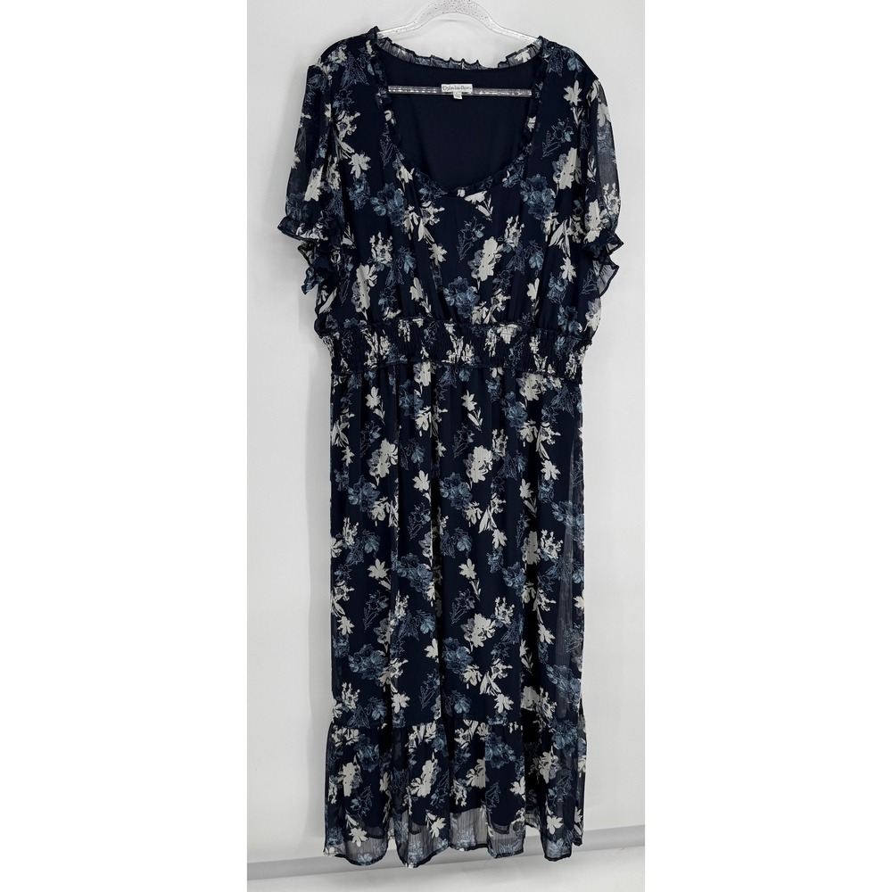 Ophelia Roe Womens Sz 3X Navy Floral Chiffon Smocked Waist Midi Dress Flutter